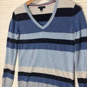 Tommy Hilfiger Blue Striped V-Neck Sweater Sparkle Accents Pullover Top‎ S
